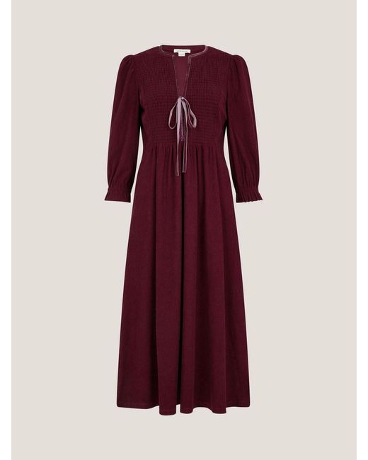 Monsoon Red Sara Smocked Corduroy Midi Dress