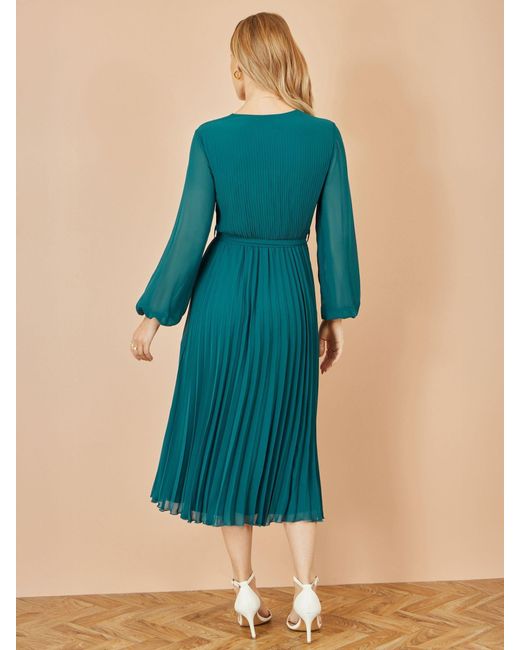 Yumi' Blue Pleated Wrap Midi Dress With Sheer Long Sleeves
