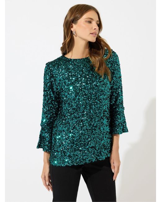 M Com Green Sequin Long Flute Sleeve Top