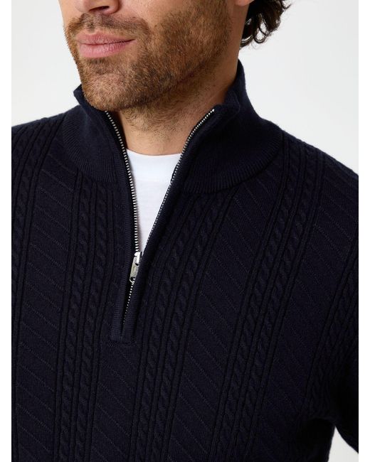 Threadbare Blue Cable Knit Quarter Zip Jumper for men
