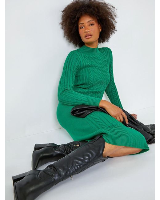 Roman Green Cable Knit Midi Jumper Dress