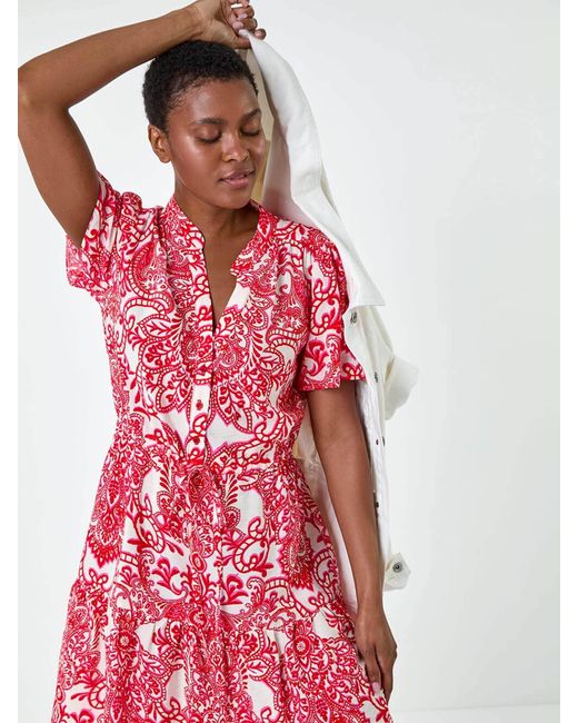 Roman Red Floral Print Frill Hem Shirt Dress