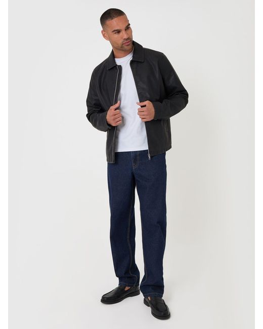Threadbare Blue Faux Leather Zip Up Collared Jacket for men