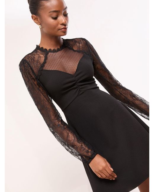 Lipsy Black Lace Mesh High Neck Ruched Mini Dress