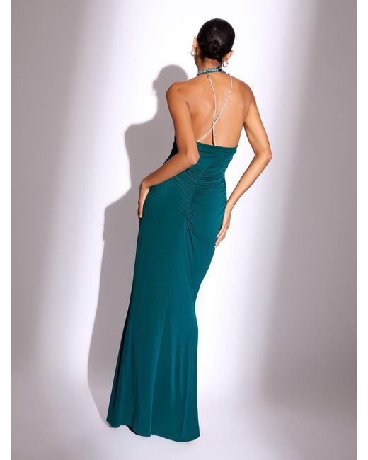 Lipsy Slinky Ruched Embellished Trim Backless Maxi Dress in Blue | Lyst
