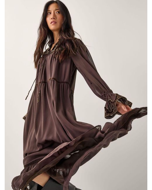 Monsoon Brown Nova Embroidered Yoke Chiffon Maxi Dress