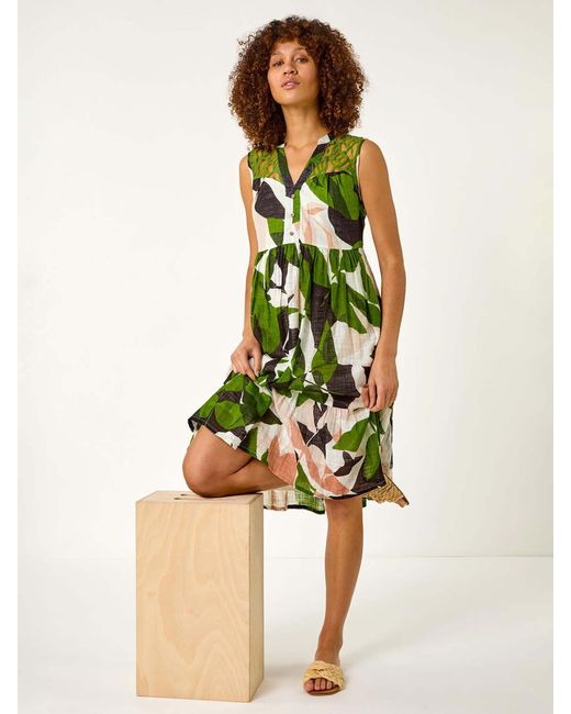 Roman Women's Green Leaf Print Tiered Smock 100% Cotton Midi Dress -  www.stlouis.ac.tz
