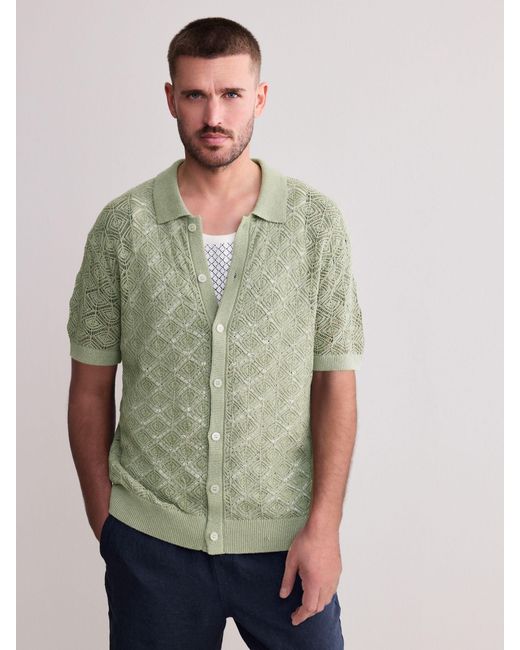 Next Green Signature Linen Rich Short Sleeve Knit Crochet Button Through Polo Shirt for men