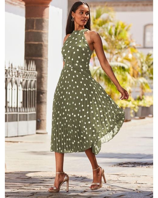 spot halter dress Sosandar Print Pleated Neck in Metallic a line Dress