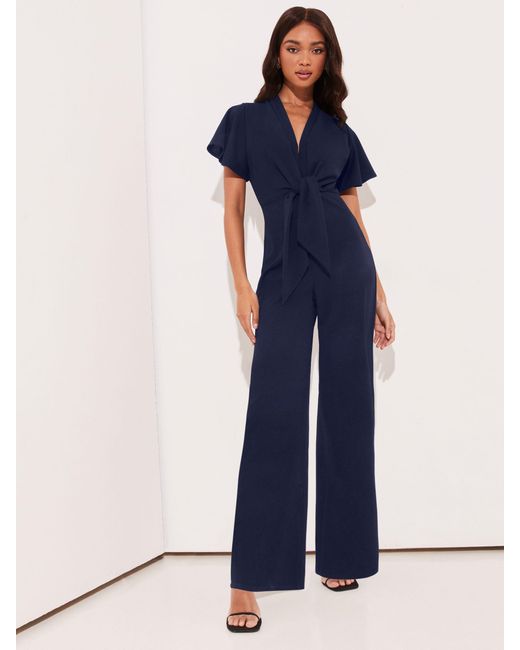 Lipsy Blue Overall Mit Weitem Bein, Weiten Ärmeln, V-Ausschnitt Und Bindedetail Vorne