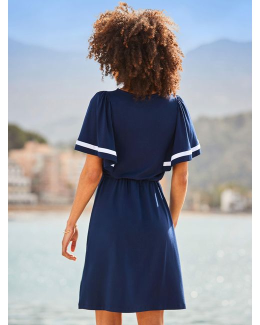 Sosandar Blue Contrast Trim Angel Sleeve Jersey Dress