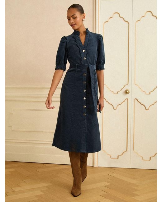 Love & Roses Blue Corduroy Scallop Trim Midi Dress