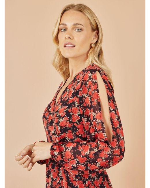 Yumi' Red Rose Print Dipped Hemline Midi Dress With Open Long Sleeves