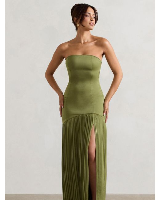 Club L London Green Confidence Satin Bandeau Pleated Split Maxi Dress