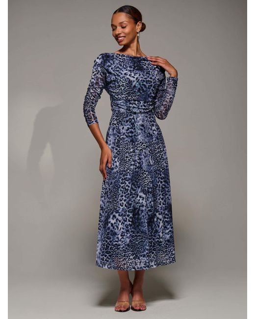 Jolie Moi Blue Long Sleeve Asymmetric Gathered Mesh Midi Dress