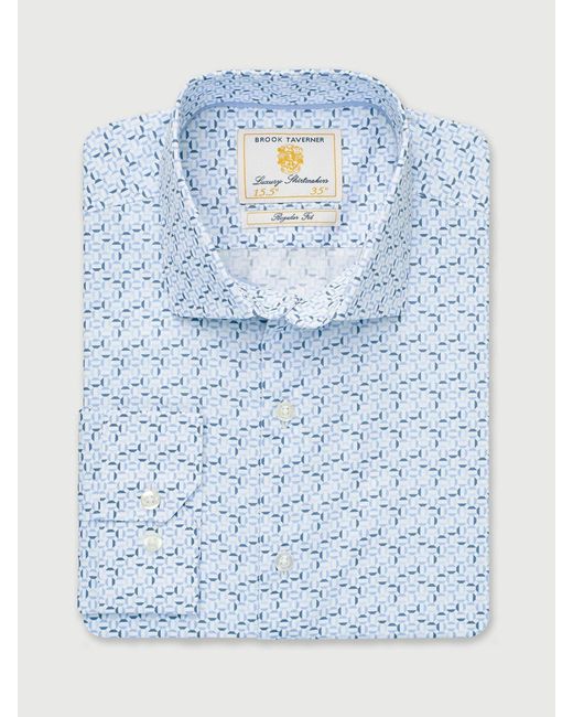 Brook Taverner Blue Hexagon Geometric Print Cotton Shirt for men