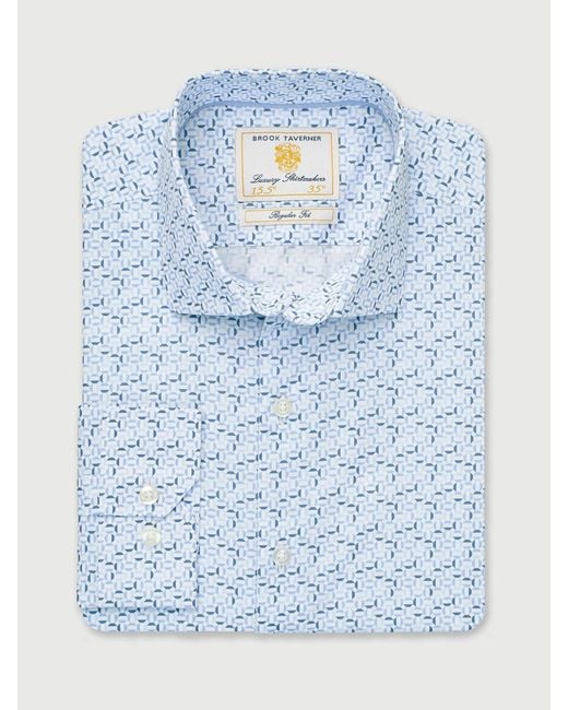 Brook Taverner Blue Hexagon Geometric Print Cotton Shirt for men