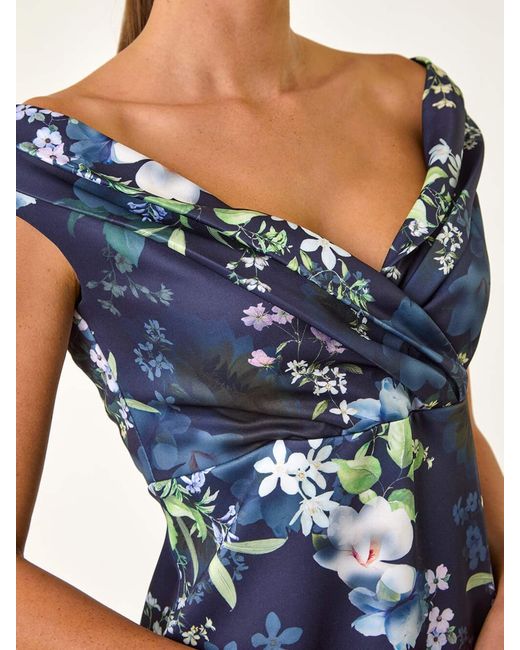 Roman Blue Floral Print Bardot Stretch Midi Dress