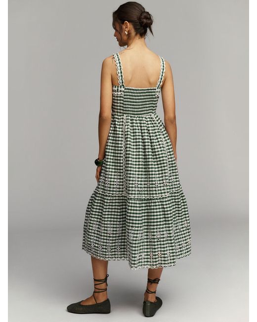 Anthropologie Sleeveless Sweetheart Gingham Midi Dress in Green