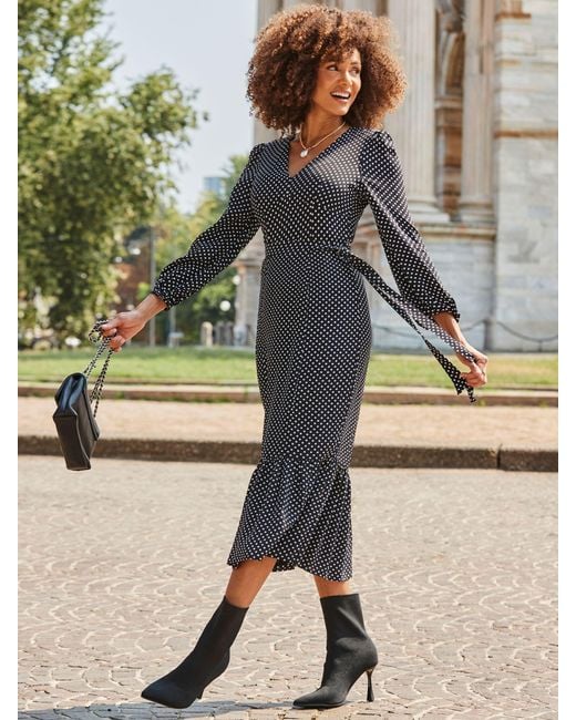 Sosandar Gray Spot Print Belted Midi Dress