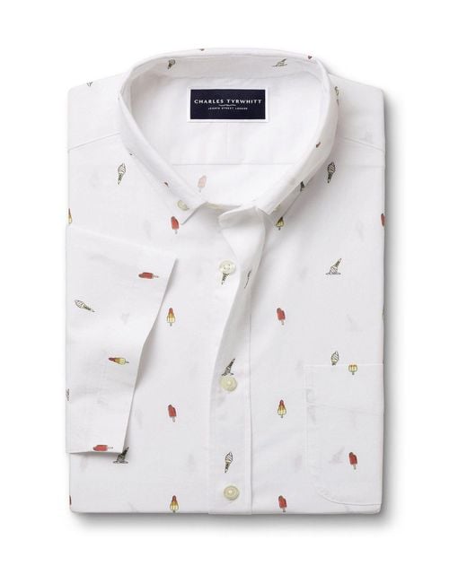 Charles Tyrwhitt White Slim Fit Ice Cream Short Sleeve Non-Iron 100% Cotton Print Shirt for men