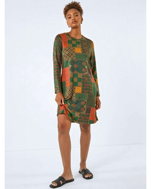 Roman Green Patchwork Print Button Swing Dress