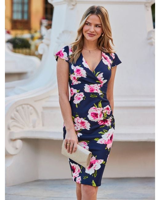 Sosandar Blue Floral Print Ruffle Detail Midi Dress