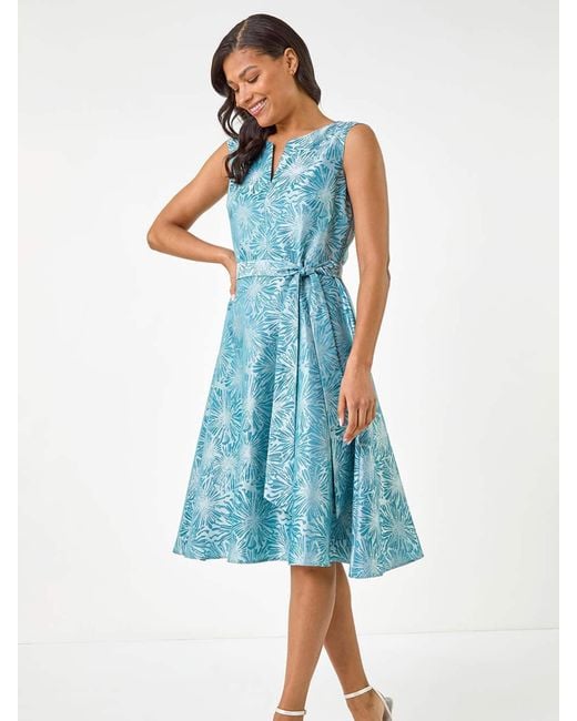 Roman Blue Jacquard Bow Front Fit And Flare Dress