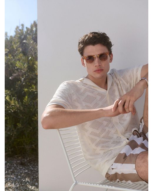 Next Natural Relaxed Fit 100% Cotton Short Sleeve Pointelle Knit Shirt With Cuban Collar for men