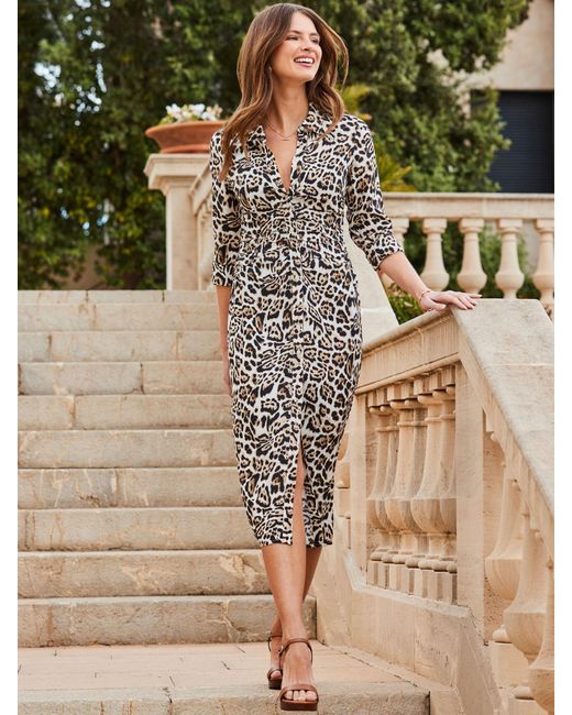 Sosandar Natural Animal Print Ruched Front Midi Shirt Dress