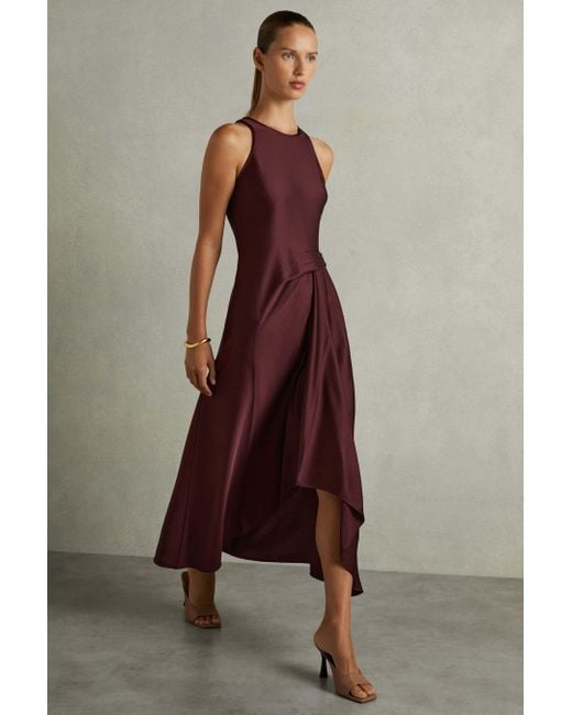 Reiss Brown Micah - Burgundy Petite Satin Drape Tuck Midi Dress, Us 8