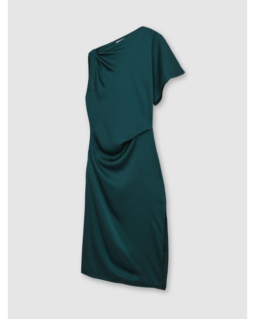 Reiss Green Satin Asymmetric Draped Midi Dress