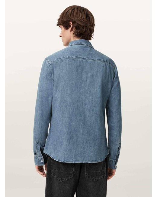 AllSaints Blue Allsaints Gleason Long Sleeve Press Stud Shirt for men