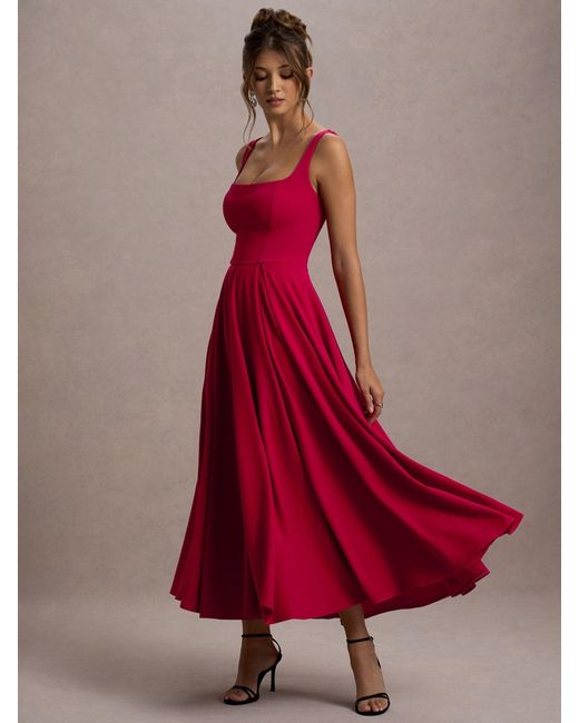 Club L London Red Parina Strappy Volume Hem Midi Dress