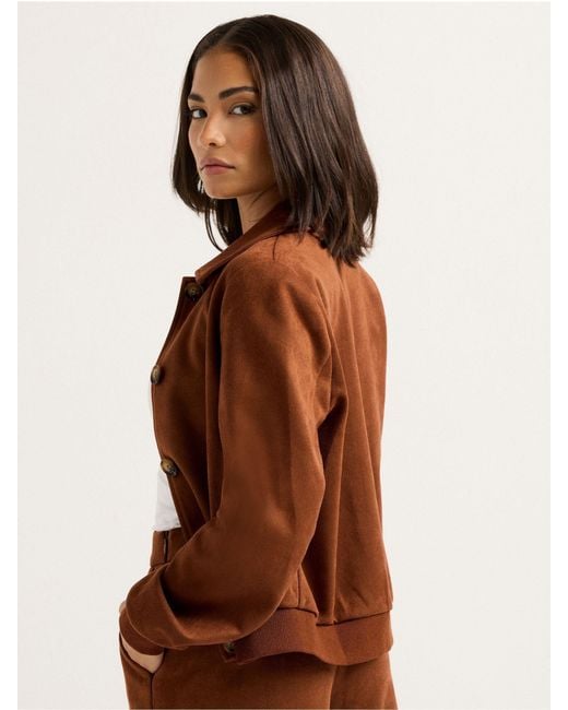 PixieGirl Petite Brown Suedette Collar Bomber Jacket
