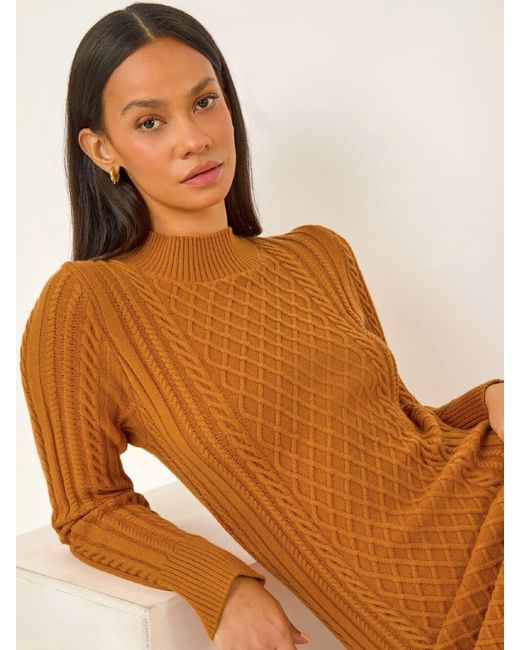 Roman Women's Orange Cable Knit Midi Sweater Dress