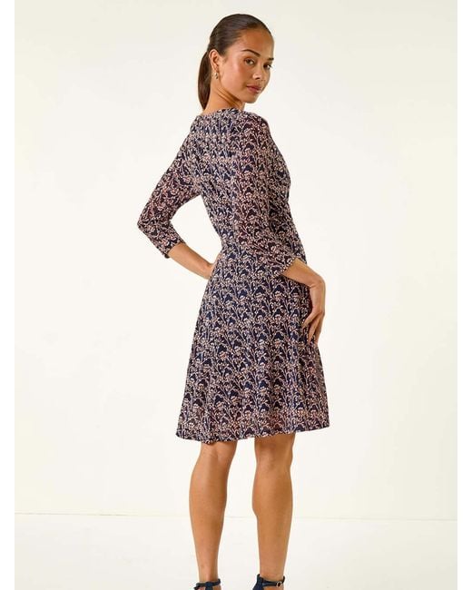 Roman Purple Petite Ditsy Floral Print Stretch Dress