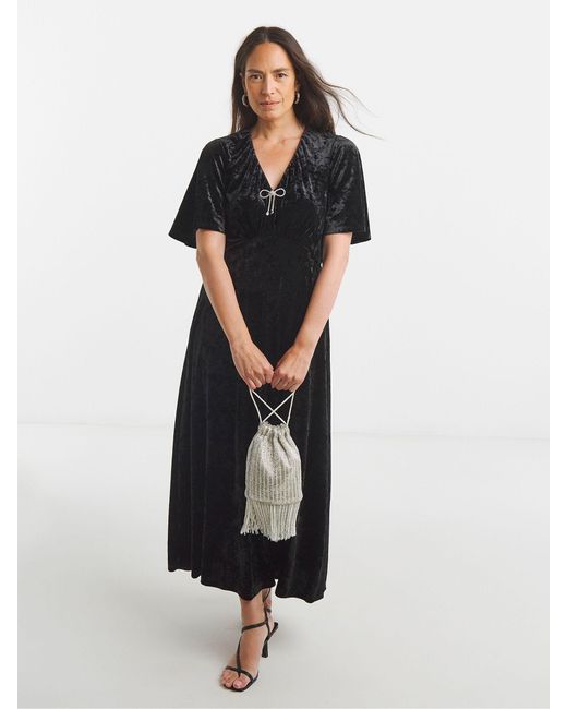 JD Williams Black V-Neck Short Sleeve Bow Crushed Velvet Dress
