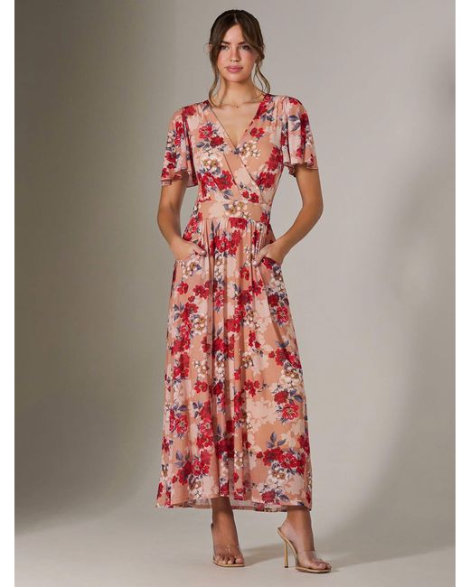Jolie Moi Red Floral Print Mesh Wrap Maxi Dress