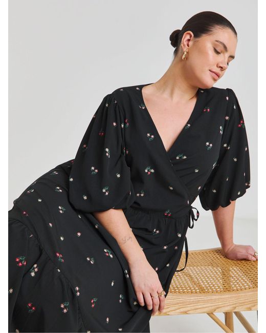 Simply Be Black Puff Sleeve Woven Wrap Midi Dress