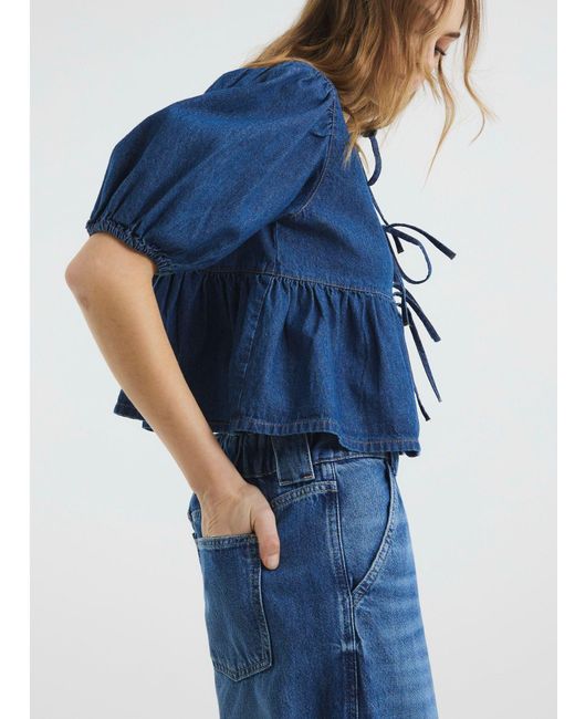 River Island Blue Denim Puff Sleeve 100% Cotton Shirt