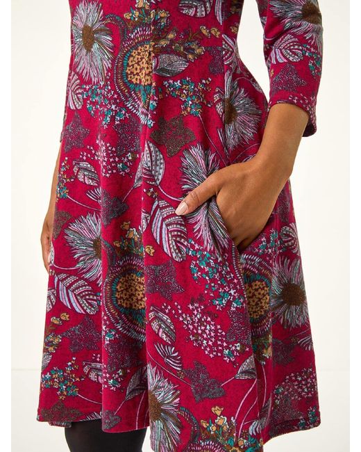 Roman Purple Petite Floral Print A-Line Stretch Dress