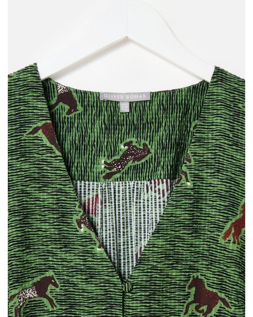 Oliver Bonas Women's Green Horse Print V-Neck Midi Dress