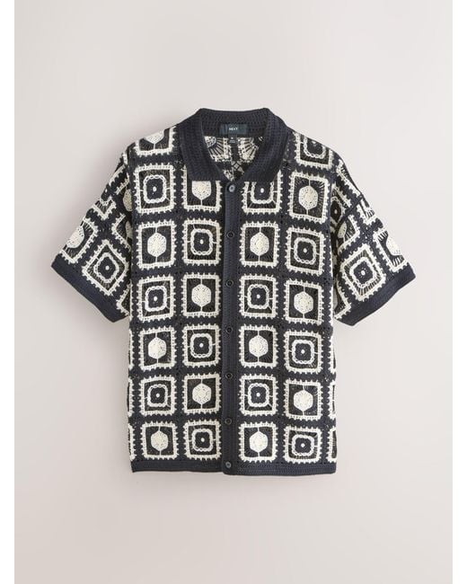 Next Black Relaxed Fit Cotton Rich Short Sleeve Knit Crochet Pattern Button-Through Polo Shirt for men