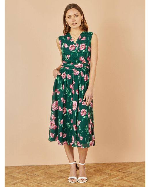 Yumi' Blue Floral Print Mesh Stretch Midi Dress With Pockets