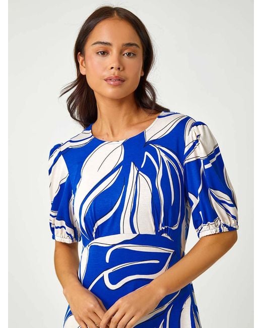 Roman Blue Petite Leaf Stretch Midi Dress
