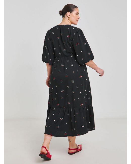 Simply Be Black Puff Sleeve Woven Wrap Midi Dress