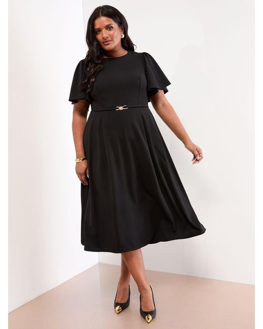 Lipsy Black Curve Crew Neck Short Sleeve Fit And Flare Midi Dress With Trim Belt