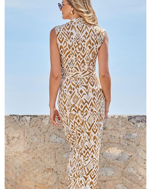 Sosandar Blue Print Ruched Front Sleeveless Jersey Shirt Dress