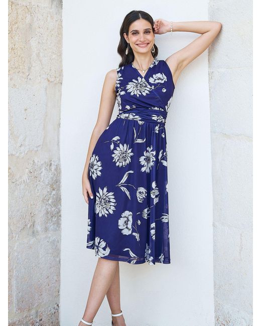 Yumi' Blue Floral Print Stretch Mesh Dress With Pockets